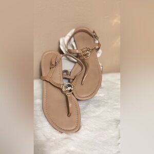 Coach Women’s Tan T-Strap Sandals with Gold Logo Medallion